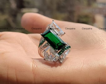 935 Argentium Silver Bypass Ring: Radiant Cut Green Emerald & CZ Wedding Ring