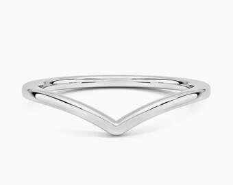 Solid 10K White Gold Wedding Women's Band, Engagement & Anniversary Band In 950 Platinum, V Shape Curved Unique Band, High Finished 10K Gold