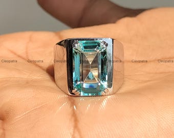 Radiant Aquamarine Men's Ring: 13.10CT Single Stone, 935 Argentium Silver