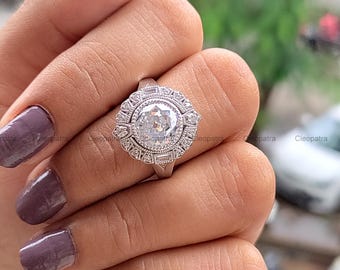 Art Deco Moissanite Engagement Ring: 3.10CT Argentium Silver Halo