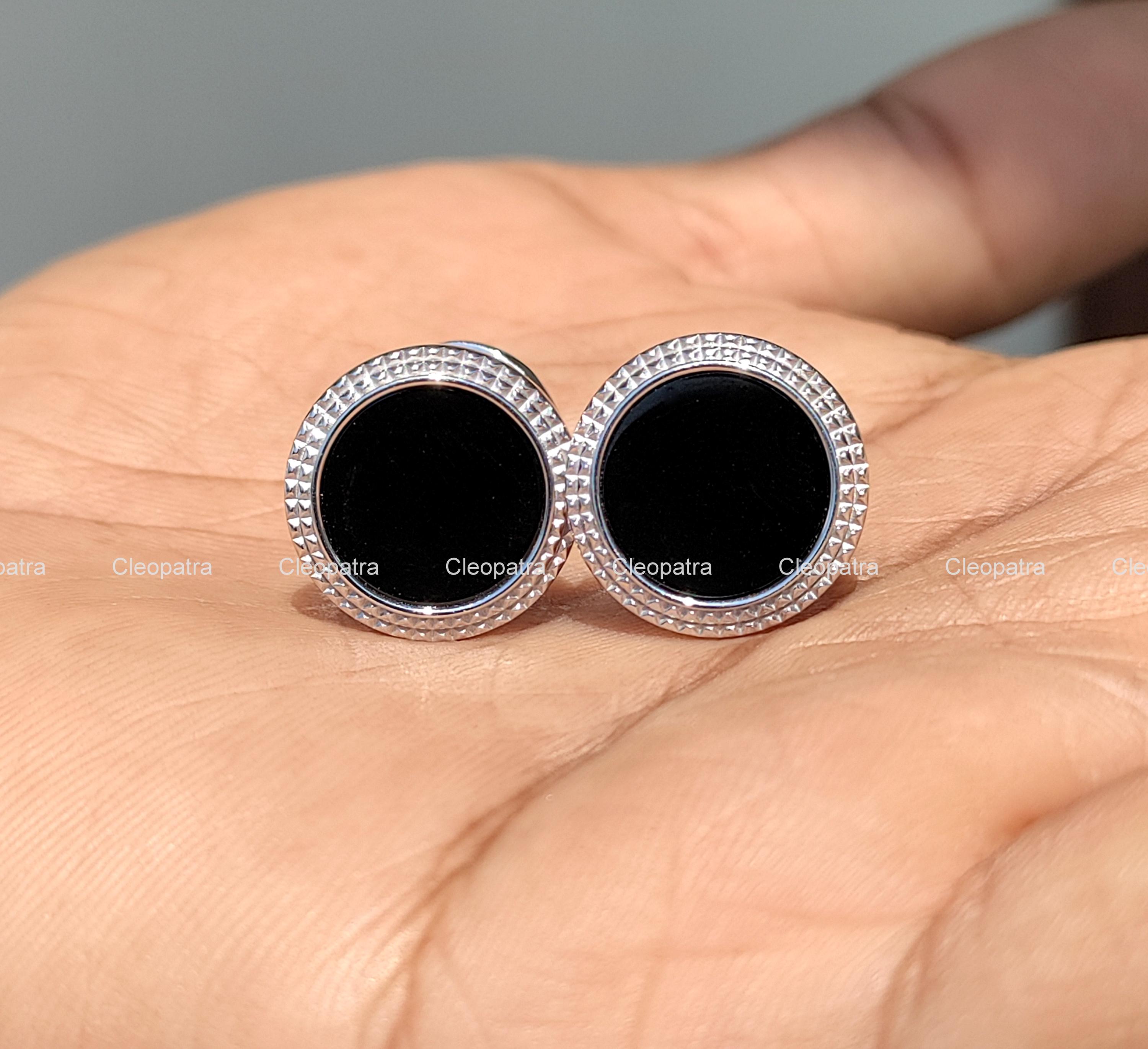 935 Argentium Silver Black Onyx Cufflinks: Milgrain Border, Round