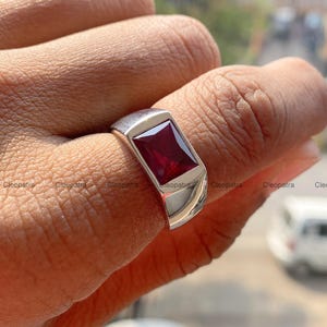 Rectangular Ruby Solitaire Signet Ring, 935 Argentium Silver, Classic Men's Jewelry