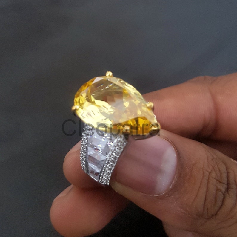 8.99CT Pear Citrine Baguette CZ Band 925 Sterling Silver Gemstone Ring