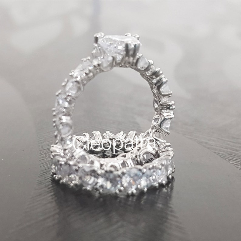 3.50CT Heart Shape CZ Solitaire Accented 2CT Heart Cubic Zirconia 925 Sterling Silver Eternity Band Wedding Ring Set