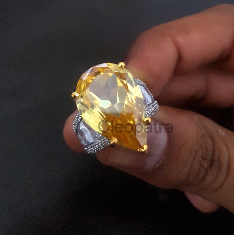 8.99CT Pear Citrine Baguette CZ Band 925 Sterling Silver Gemstone Ring