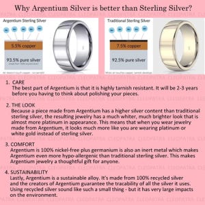 May include: An infographic titled Why Argentium Silver is better than Sterling Silver? comparing metal compositions. It shows a silver ring and a gold-toned ring with diagrams detailing 93.5% pure silver versus 92.5% pure silver content.