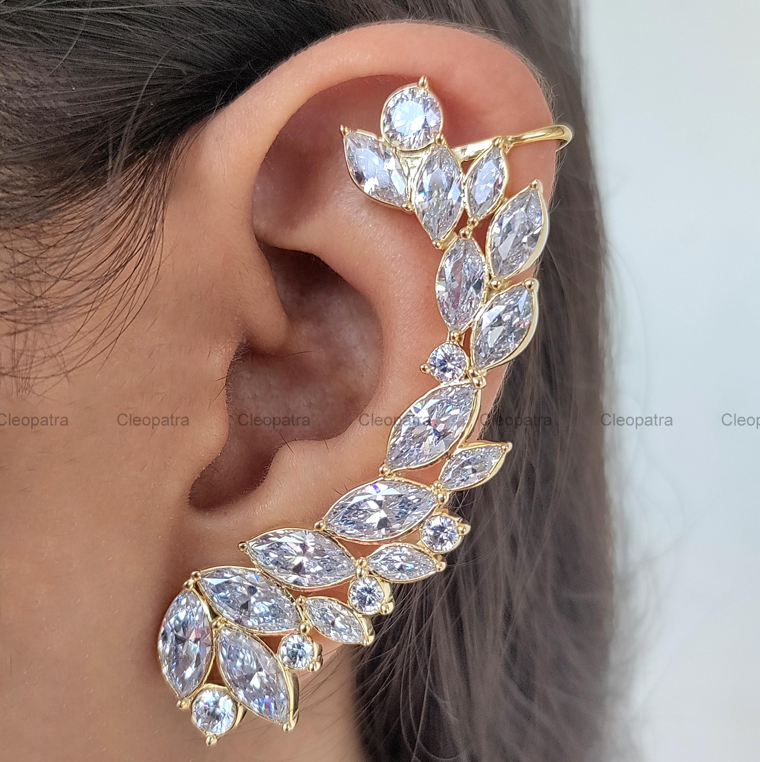 Gold-Finish Leaf Ear Cuff: 9.50CT Marquise CZ, Argentium Silver