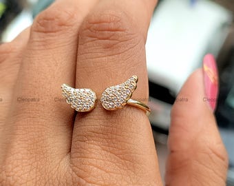 Moissanite Angel Wings Open Ring, 10K Gold Minimalist Jewelry