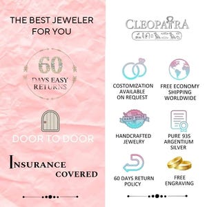 May include: A pink informational graphic for CleoPatra jewelry featuring text about 60 days easy returns, door to door service, insurance covered, customization, worldwide shipping, handmade jewelry, 935 Argentium silver, and free engraving.
