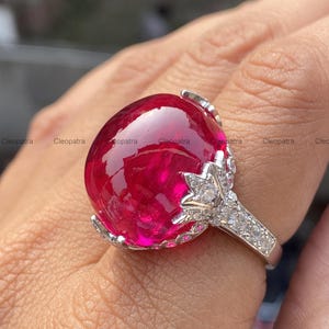 Ruby Cabochon Cocktail Ring In 935 Argentium Silver, Vintage Style Statement Ring, Large Red Ruby & CZ Ring, Luxury Jewelry Gift for Her