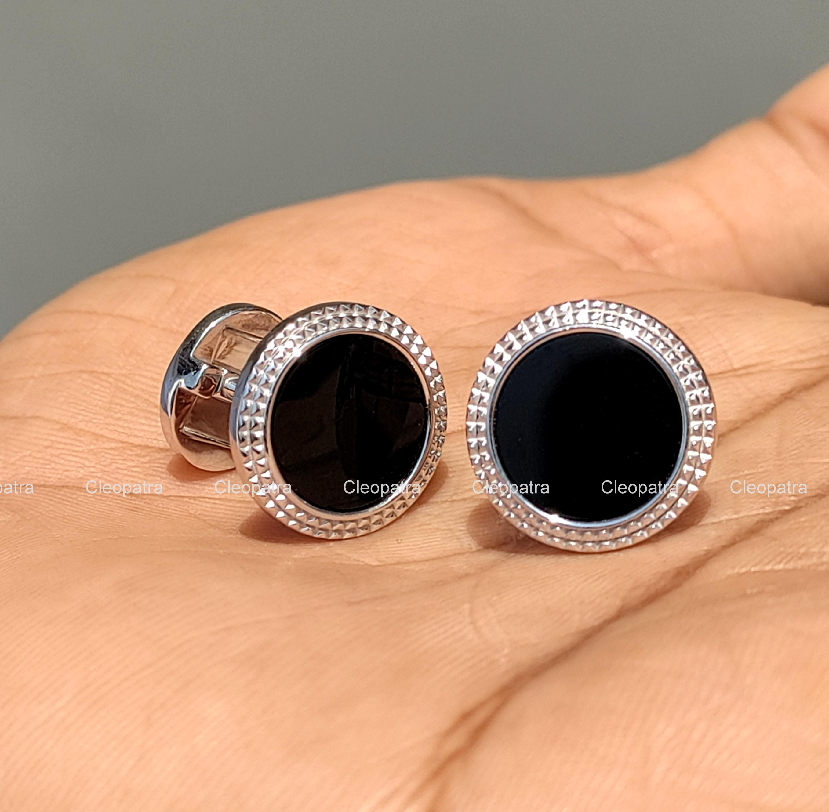 935 Argentium Silver Black Onyx Cufflinks: Milgrain Border, Round