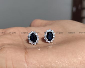 Sapphire Floral Stud Earrings: 2.50CT Oval, Cubic Zirconia, 950 Platinum