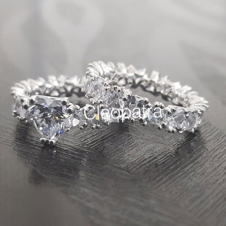 3.50CT Heart Shape CZ Solitaire Accented 2CT Heart Cubic Zirconia 925 Sterling Silver Eternity Band Wedding Ring Set