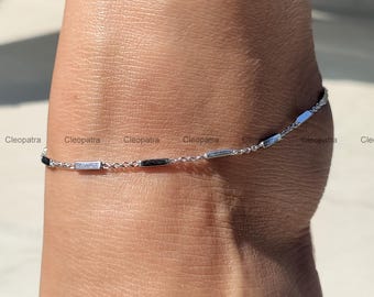 Bransoletka na kostkę ze srebra próby 935 Argentium: Damska prostokątna bransoletka z łańcuszkiem w stylu plażowym