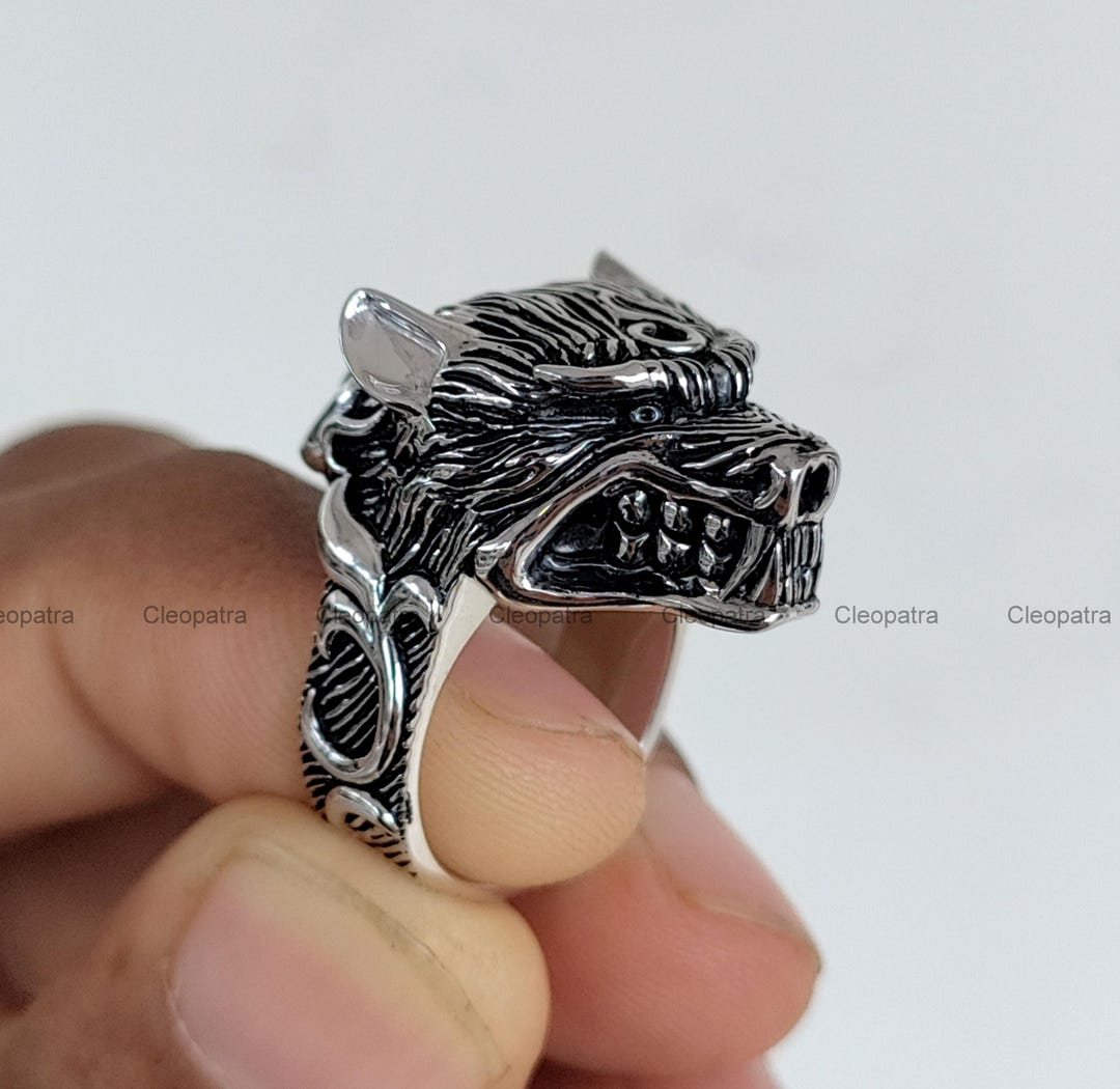 Attractive Oxidized Angry Wolf Head With Designer Shank Gothic Ring for ...