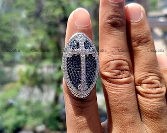 Blue Sapphire & Cubic Zirconia Men's 935 Argentium Silver Ring