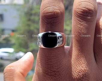 935 Argentium Silver Black Onyx Men's Signet Ring: Cushion Shape