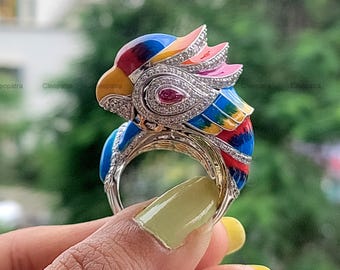 Enamel Parrot Ring: Argentium Silver, 3.09CT CZ Statement Animal Jewelry