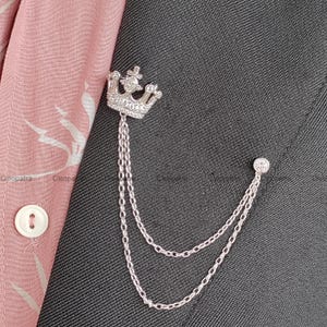 935 Argentium Silver Crown Lapel Pin With Double Chain, Royal Brooch Accessory