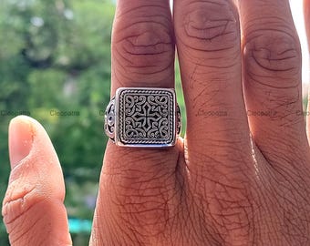 935 Argentium Silver Filigree Signet Ring, Engraved Art Deco Style