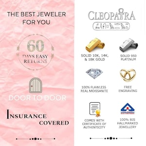May include: Pink background with text and jewelry icons. Text includes "The Best Jeweler For You", "Cleopatra", "60 Days Easy Returns", "Solid 10K, 14K, & 18K Gold", "Solid 950 Platinum", "100% Flawless Real Moissanite", and "Free Engraving".