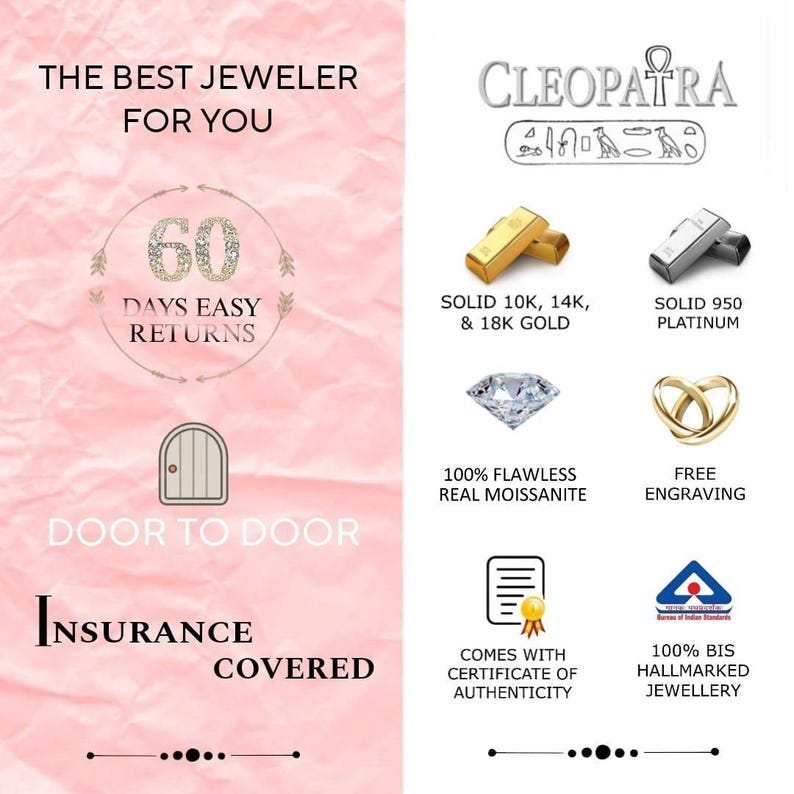 May include: Pink background with text and jewelry icons. Text includes "The Best Jeweler For You", "Cleopatra", "60 Days Easy Returns", "Solid 10K, 14K, & 18K Gold", "Solid 950 Platinum", "100% Flawless Real Moissanite", and "Free Engraving".