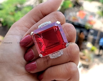 Estate 80.35 Carat Emerald Cut Lab-Created Ruby Ring, CZ Accents, Argentium Silver