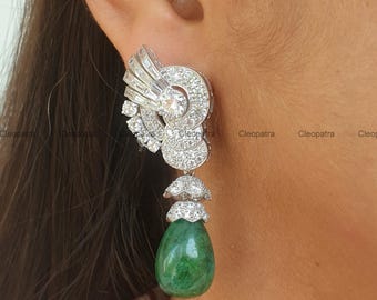 Art Deco Style CZ With Green Emerald Drop Earrings In 935 Argentium Silver, Vintage Style Drop Dangle Women's Earrings, Gift for Her
