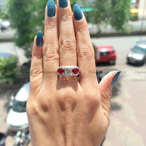 935 Argentium Silver Ruby & Citrine Art Deco Ring, Round Cut Three Stone Ring, Vintage Statement Jewelry, Elegant Women's Birthday Gift