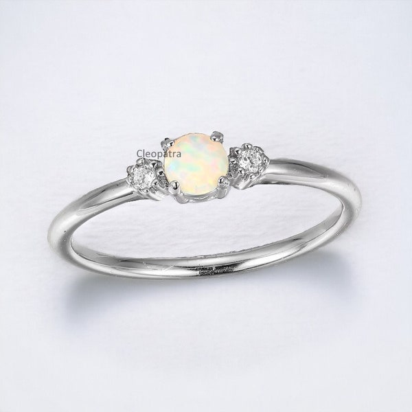 Three Stone Style 10K White Gold Wedding Engagement Ring, Round Cut Diamonds & Single Opal Women's Anniversary Ring In Solid 950 Platinum