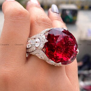 Large Ruby Cocktail Ring In 935 Argentium Silver, Floral CZ Statement Ring, Vintage Inspired Luxury Jewelry Gift for Bridal, Party Wear Ring