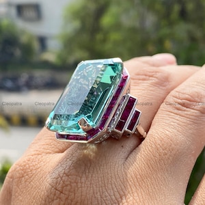 Art Deco Aquamarine Ruby Statement Ring, 935 Argentium Silver Cocktail Ring
