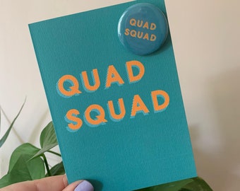 Quad Squad greetings card plus pin badge - Funny gym gift - fitness squats quads quadruplet roller derby rugby weightlifting barbell weights