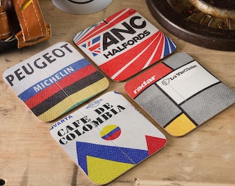 Gift for Cyclist Set of 4 Coasters styled as Vintage Cycling Jersey - Unique style retro Jerseys from 80s 90s - Cyclist Father's Day Bike