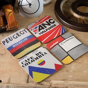 Gift for Cyclist Set of 4 Coasters styled as Vintage Cycling Jersey - Unique style retro Jerseys from 80s 90s - Cyclist Father&#39;s Day Bike
