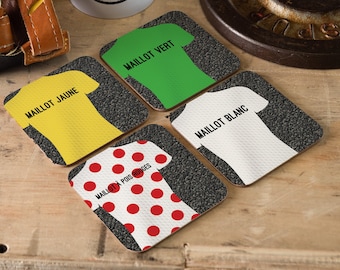 Personalised Gift for Cyclist Set of 4 Coasters Tour De France Cycling Jersey - Yellow Green White Polka Dot King of The Mountain - Dad KOM
