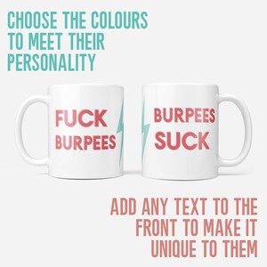 May include: Two white coffee mugs with a lightning bolt design. One mug says "FUCK BURPEES" in pink lettering and the other mug says "BURPEES SUCK" in pink lettering.