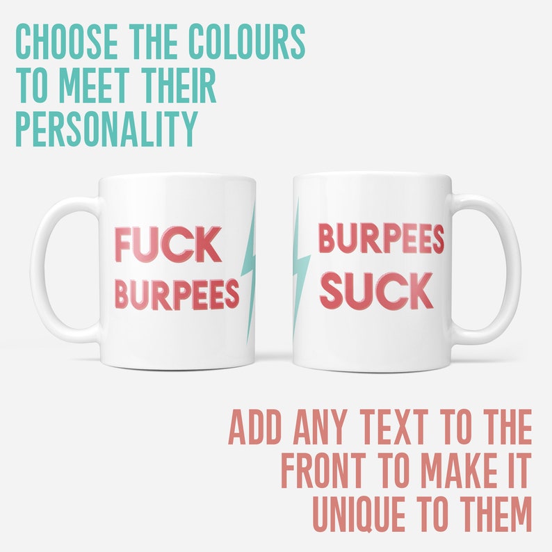 May include: Two white coffee mugs with a lightning bolt design. One mug says "FUCK BURPEES" in pink lettering and the other mug says "BURPEES SUCK" in pink lettering.