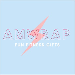 May include: A pink lightning bolt graphic with the text "AMWRAP FUN FITNESS GIFTS" in red outlined letters on a light blue background.