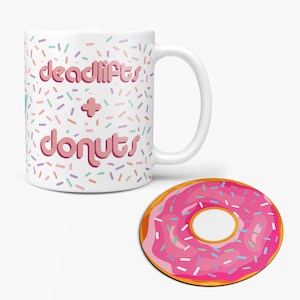 Personalised Deadlifts And Donuts Mug - Fun Fitness Gift for Him Her Funny Birthday Workout WOD Gym Weightlifting Crossfitter doughnut cake