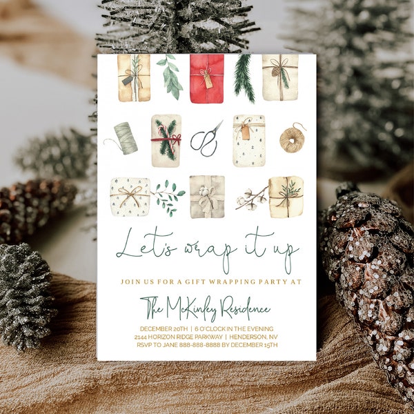 Let's Wrap It Up Invitation, Gift Wrapping Party, Christmas Gift Wrapping Invite, Holiday Party, Instant Download, Editable, Printable