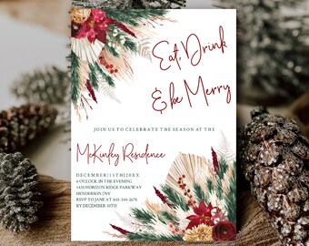 Eat Drink and Be Merry Invitation, Christmas Party, Boho Christmas Invitation, Holiday Party, Printable, Editable Template, Instant Download