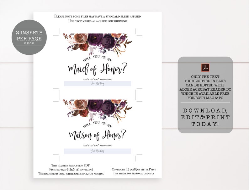 Maid of Honor Proposal Card, Matron of Honor Proposal Card, Floral ...