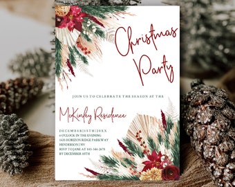 Boho Christmas Party Invitation, Christmas Party, Boho Holiday Party Invite, Digital Download, Instant Download,Editable, Printable,Templett