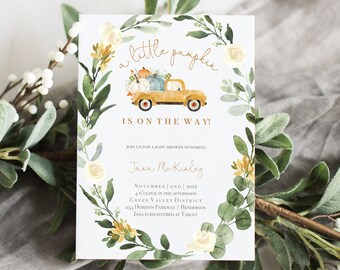 Greenery Baby Shower Invite, Fall Baby Shower Invite, Little Pumpkin Baby Shower Invitation,Boy Baby Shower,Yellow Truck Invitation,Editable