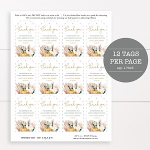 May include: Twelve printable thank you tags featuring a watercolour illustration of pumpkins, pampas grass, and autumn foliage. The tags are designed for a baby shower and say "Thank you for showering our little pumpkins with love." The text "app. 1.75x3 in" is also included.