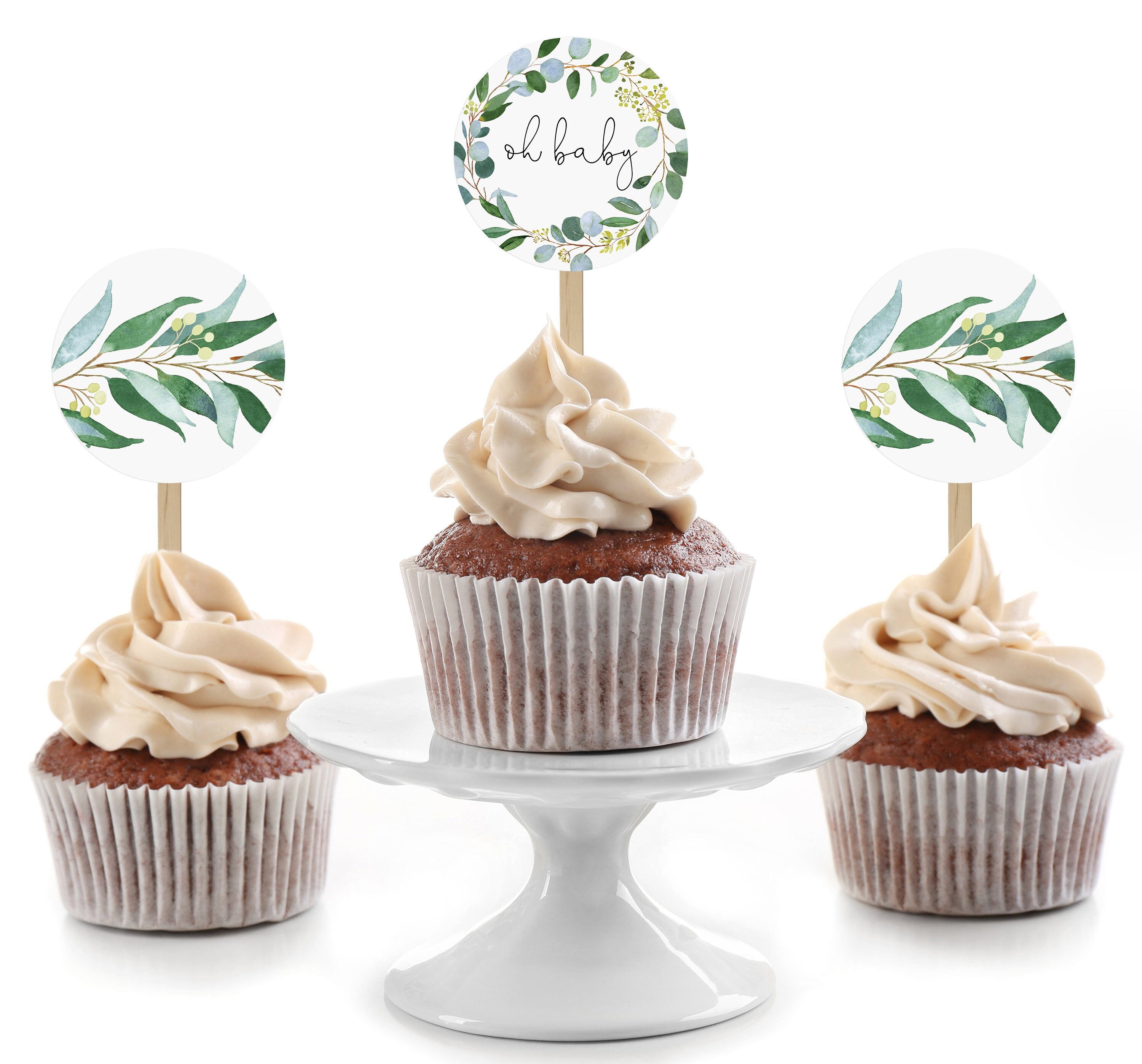 Oh Baby Cupcake Topper Printable, Greenery Baby Shower Toppers, Instant