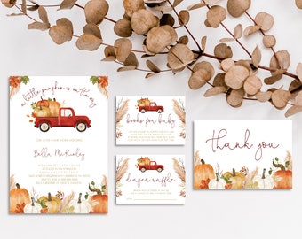 May include: A set of fall-themed baby shower invitations and cards. The design features a red truck carrying pumpkins, with text that reads "a little pumpkin is on the way." Additional cards include "books for baby," "diaper raffle," and a thank you card.