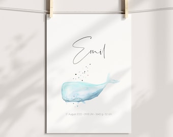 Baby Poster mit Wal und Geburtsdaten | Geburtsanzeige DIN A4