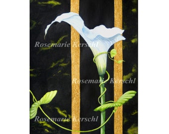 Elegantes Aquarellbild *Calla* handgemalt in weiß rauchgrau schwarz grün mit Goldeffekt 42 x 56 cm Hochformat kein Druck